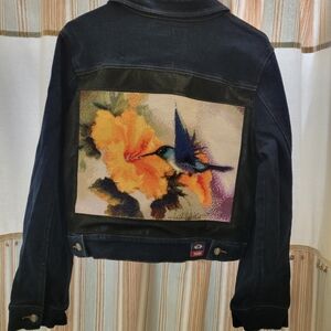 Upcycled Vintage Denim Jacket Featuring A Hummingbird Needlepoint